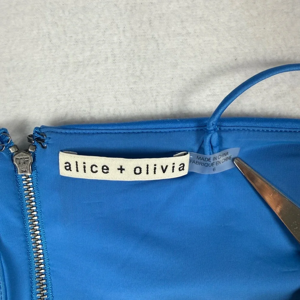 Alice + Olivia Blue Bodycon Mini Dress Womens 6 Nylon Stretch Cutout Back Y2K - Picture 4 of 9